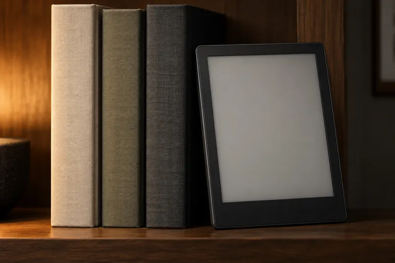 Drei unbeschriftete Bücher und ein E-Reader auf einem Holzregal.