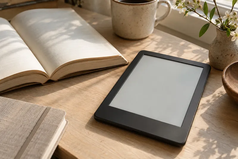 Ein unbeschrifteter E-Reader neben einem offenen Buch auf einem hellen Tisch.