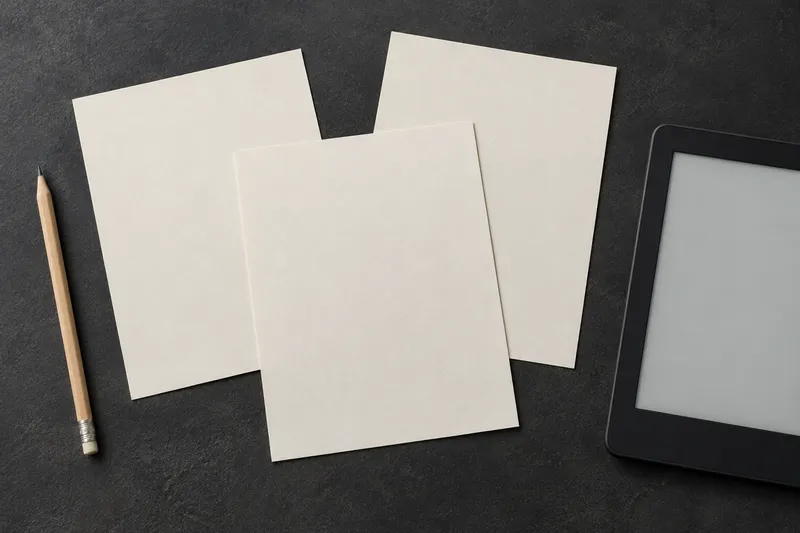 Leere Papierblätter und ein Bleistift neben einem E-Reader auf einer dunklen Tischfläche.